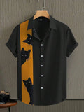 Men's Black Short Sleeve Button-Up Shirt with Cat Graphic Print