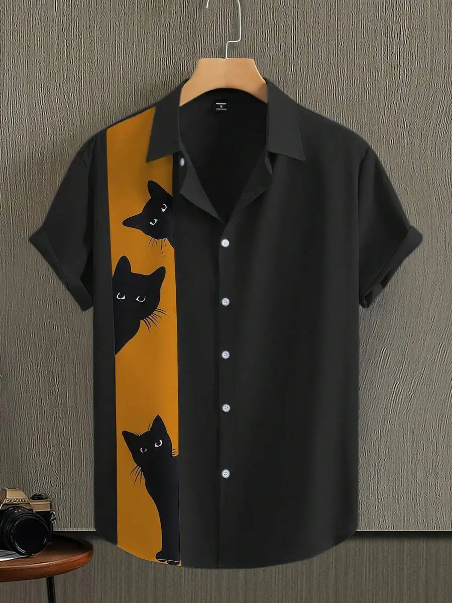Men's Black Short Sleeve Button-Up Shirt with Cat Graphic Print