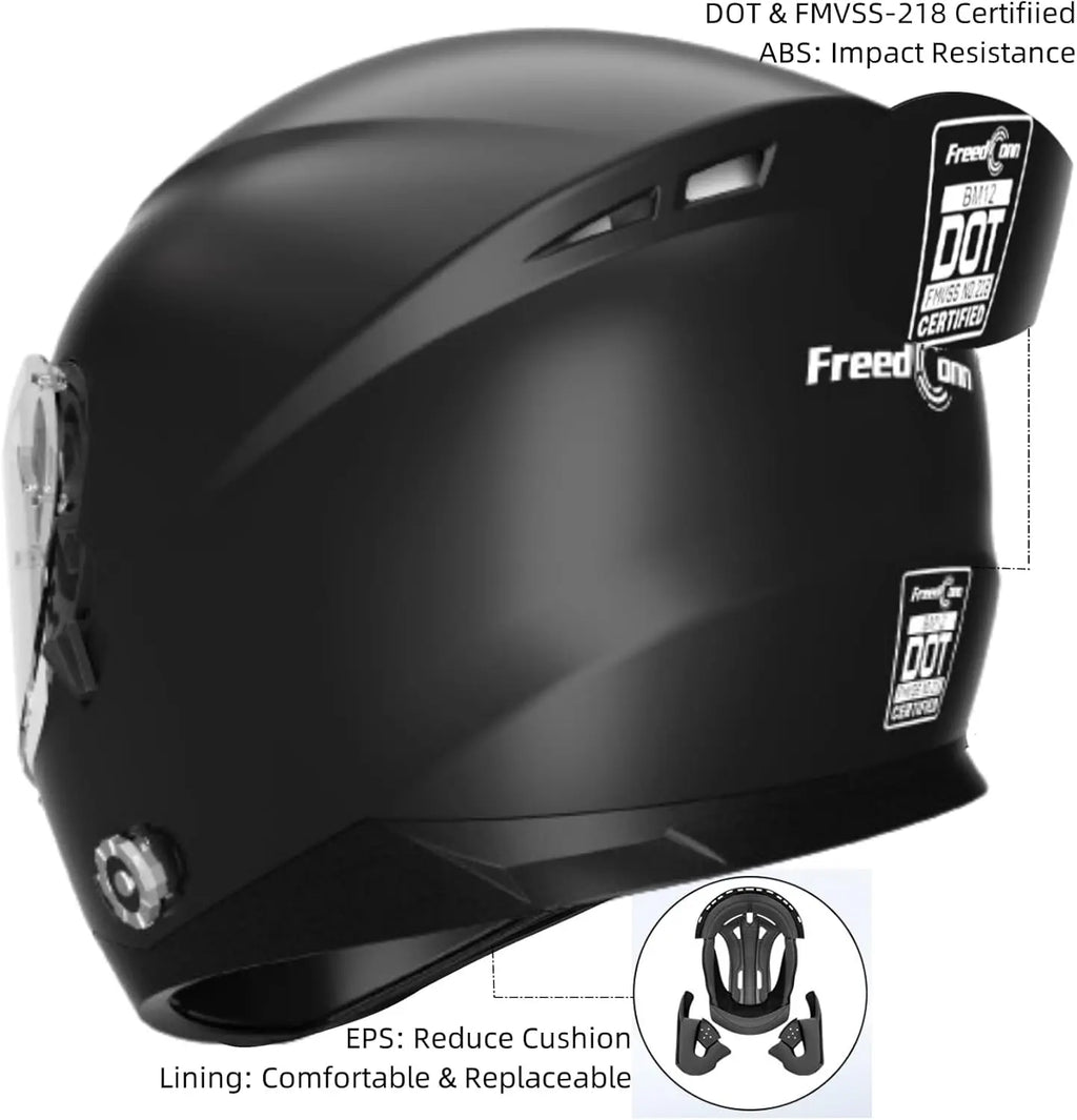 Full Face Motorcycle Helmet Bluetooth 5.0 Integrated 2 Way Intercom DOT FMVSS-218 Rated Motorbike Helmet Communication with Dual