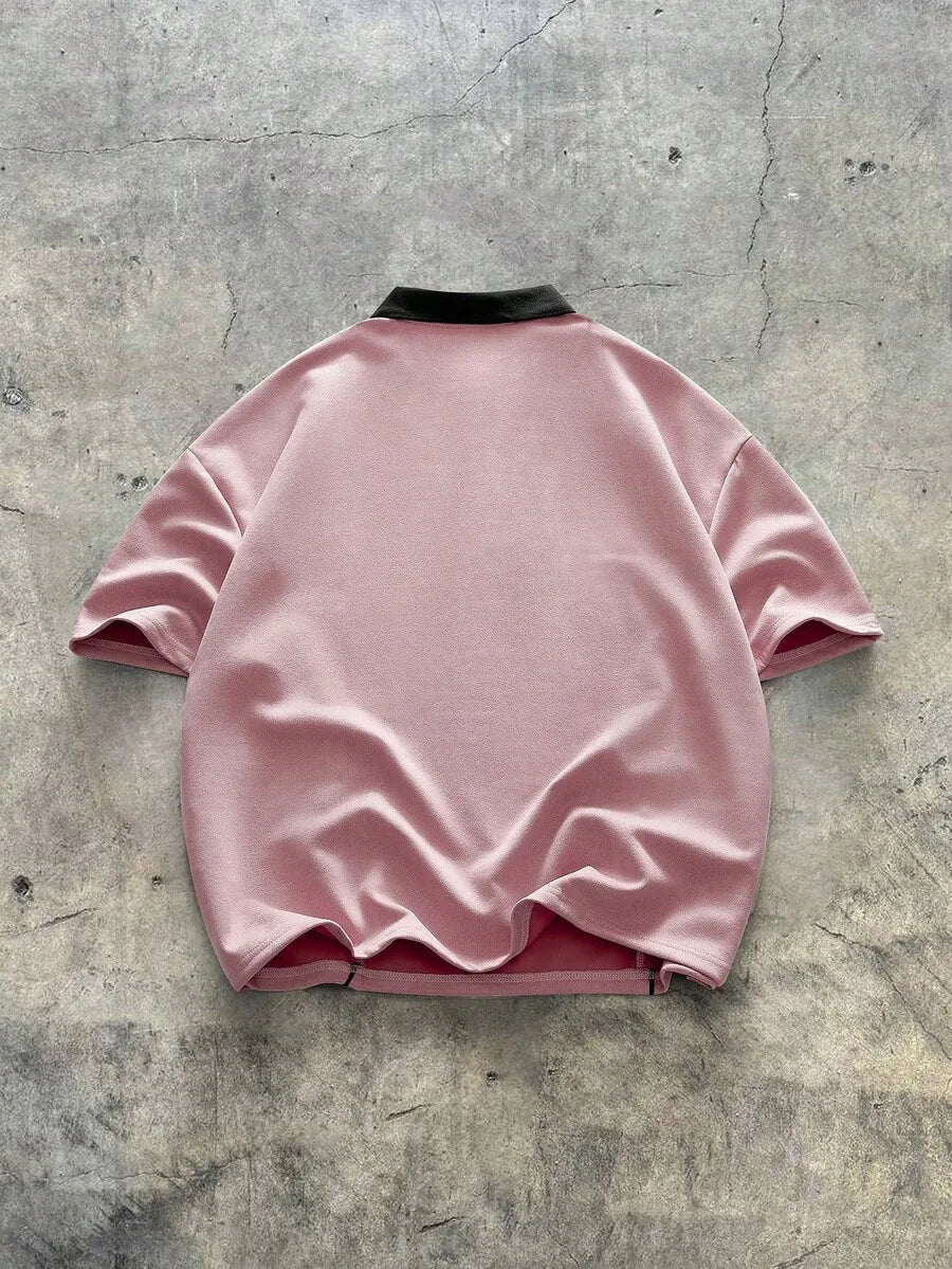 Men's Loose Fit Printed Short Sleeve Polo Shirt in Pink with Contrast Trim