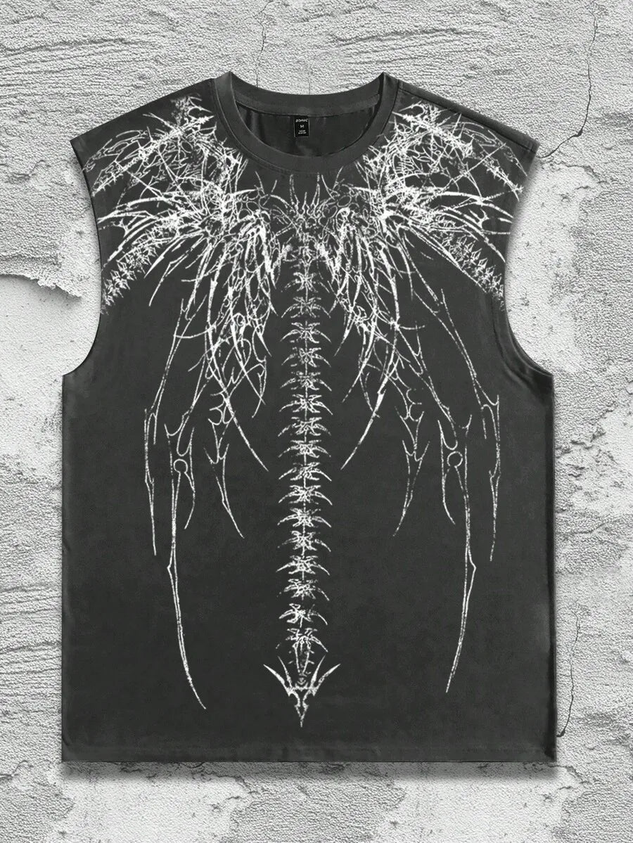 Men's Black Sleeveless Tank Top with Abstract White Graphic Print, Gothic Style, Casual Wear