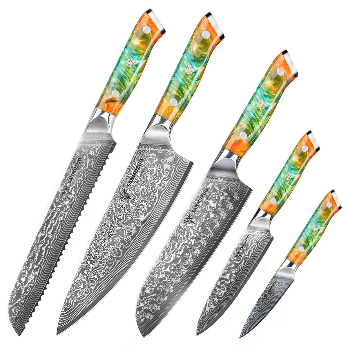 5PCS Kitchen Knife Set - Sharp Damascus Steel Knives with Resin Handle, Chef/Santoku/Bread/Paring/Utility Knife for Home Kitchen