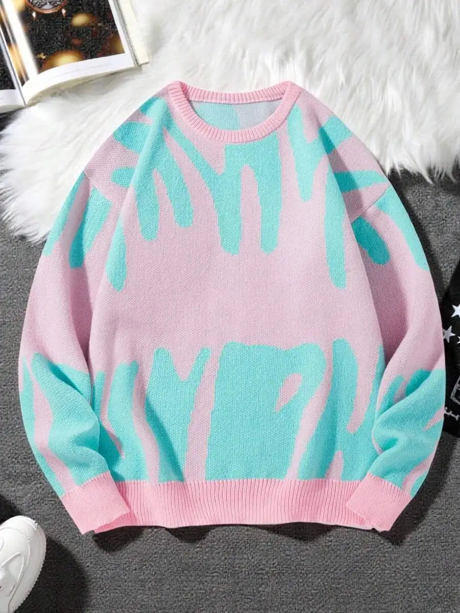 Men's Oversized Graphic Knit Sweater with Bold Black Pattern, Fall Winter Casual Wear