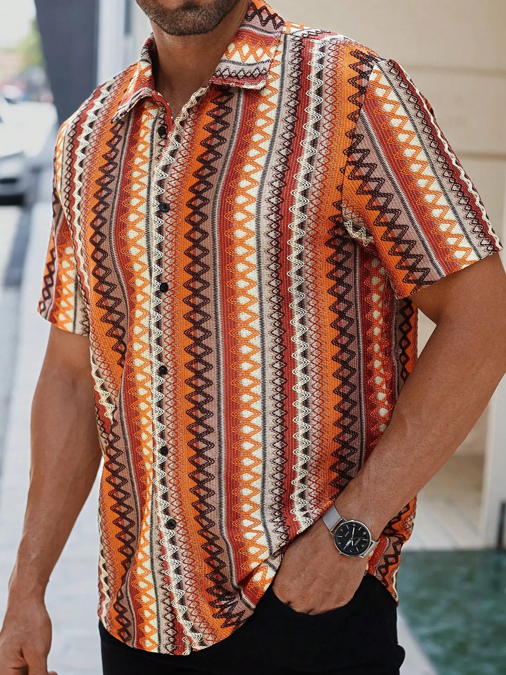 Men's Casual Short-Sleeve Shirt with Bohemian Geometric Stripe Pattern, Crochet-Knit Texture, Button-Front Design