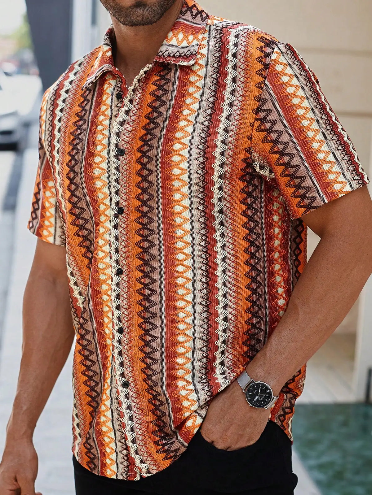 Men's Casual Short-Sleeve Shirt with Bohemian Geometric Stripe Pattern, Crochet-Knit Texture, Button-Front Design