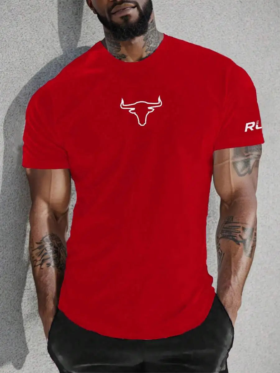 Men's White Crew Neck Short Sleeve T-Shirt with Bull Head Graphic Print, Breathable Fit for Gym & Casual Wear