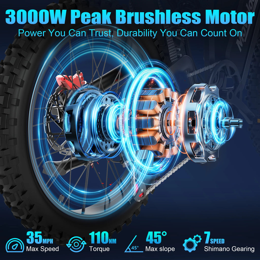 Moveloop T1 Ultra Electric Bike 3000W 48V/20AH Battery 40-80 Miles 35 MPH 17-Inch Off-Road Tires Adult Electric Bike