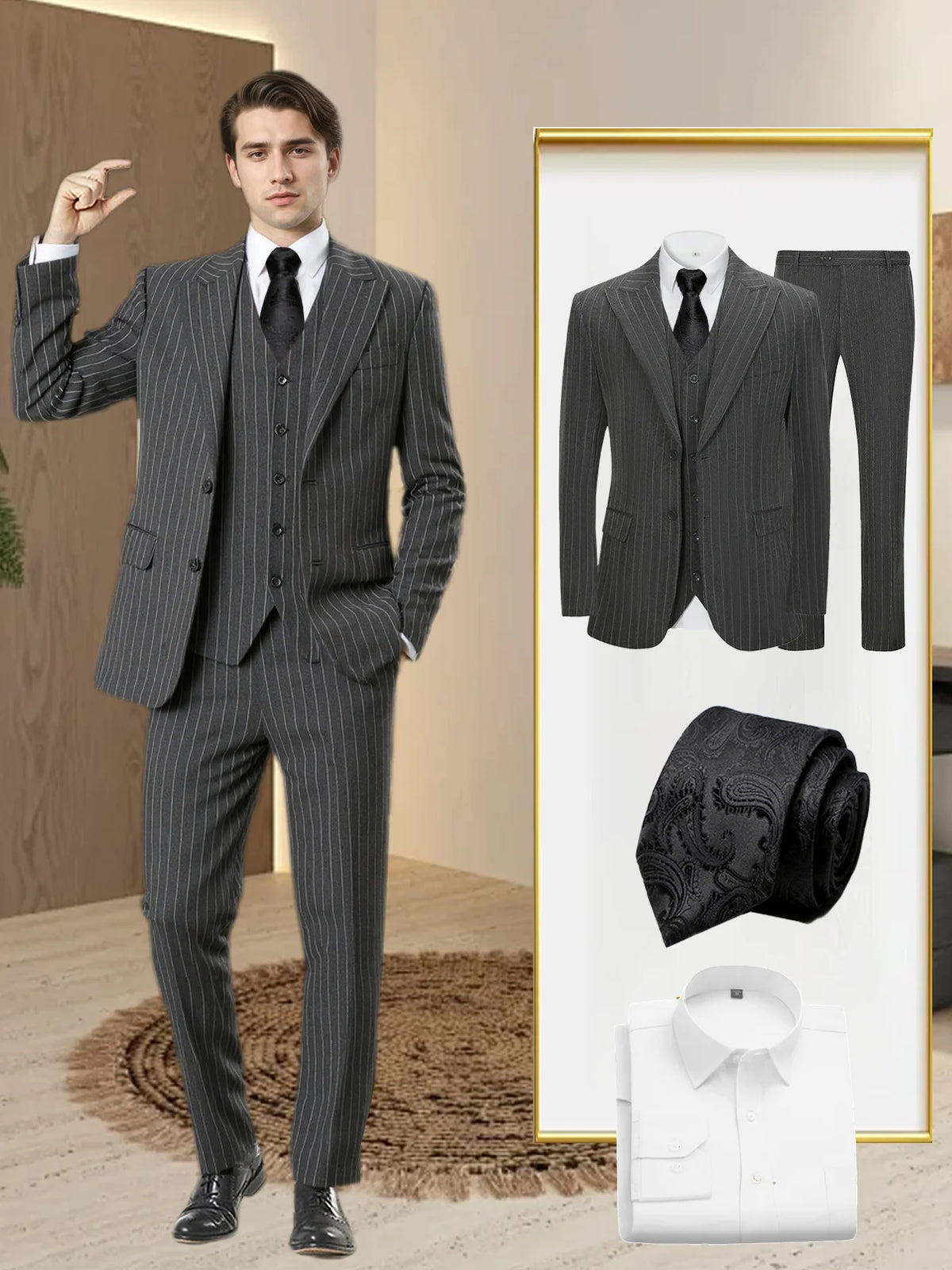 Men's 5-piece vertical striped suit+double button jacket+pants+white shirt+black tie, suitable for wedding/business/daily wear