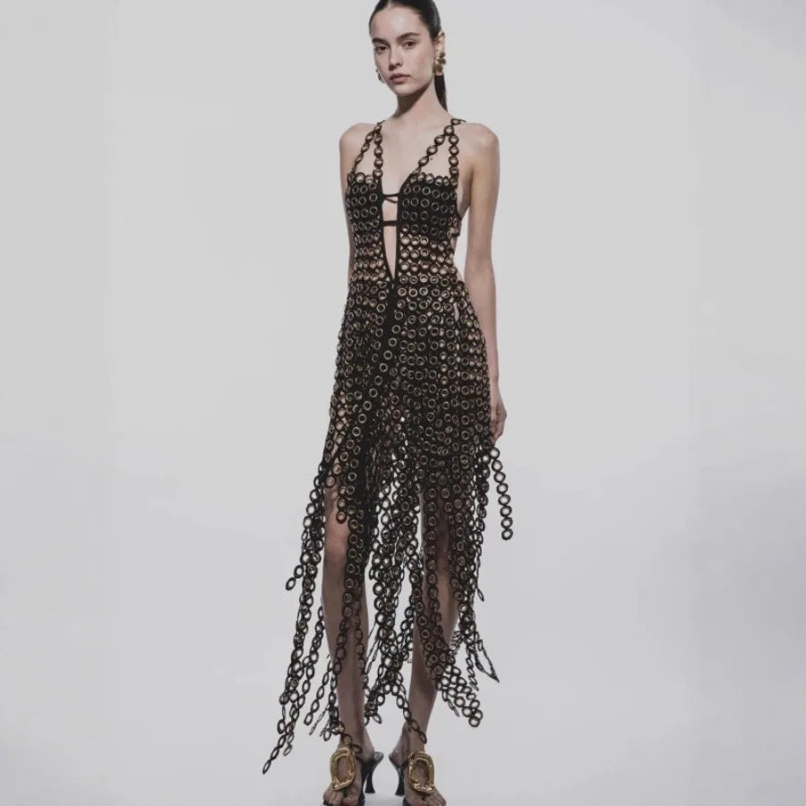【New style】European and American    direct sale open back sling nightclub sexy fringe dress