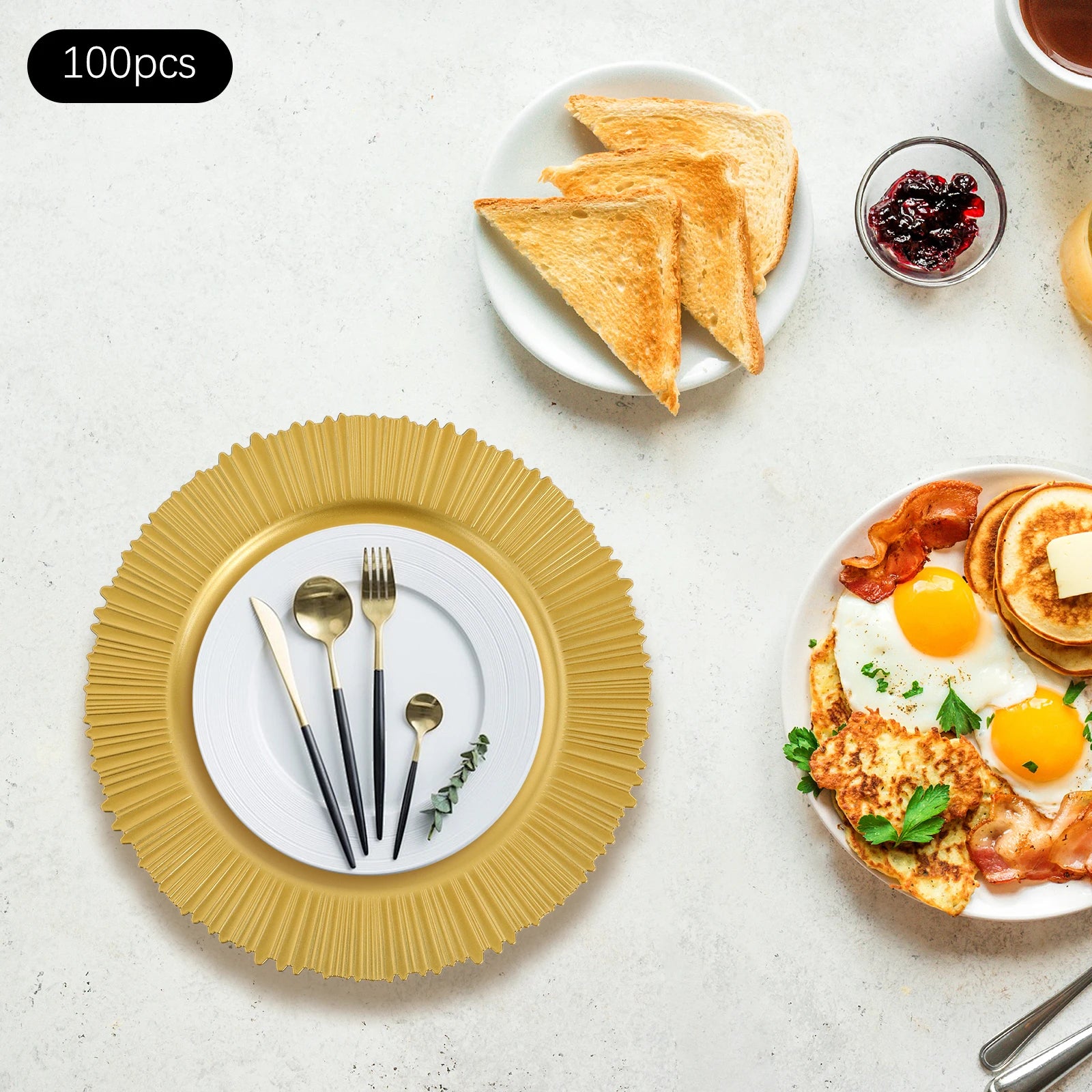 100Pcs PP Charger Plates Set,Gold Round Charger Plates Diameter 33cm for Wedding Party Baby Shower