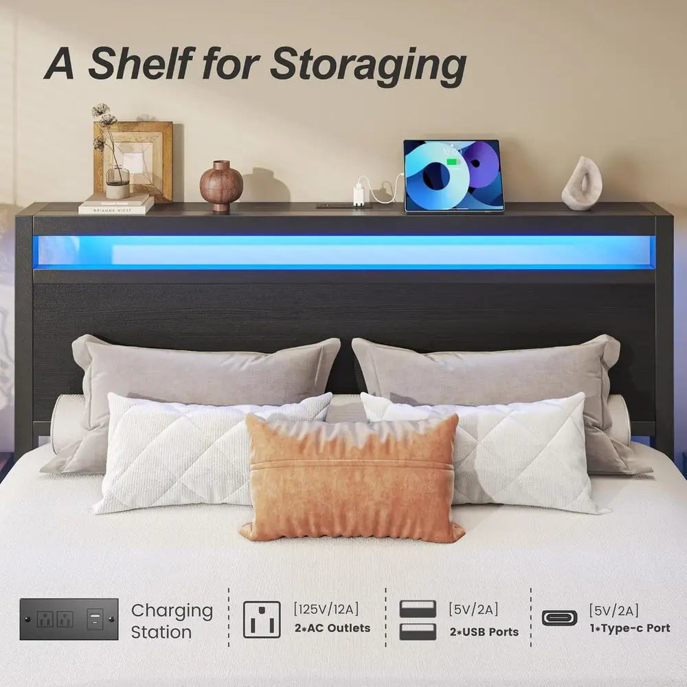 Elegant Black Queen Bed with Storage, LED Light, and Charging Station - No Box Spring Required