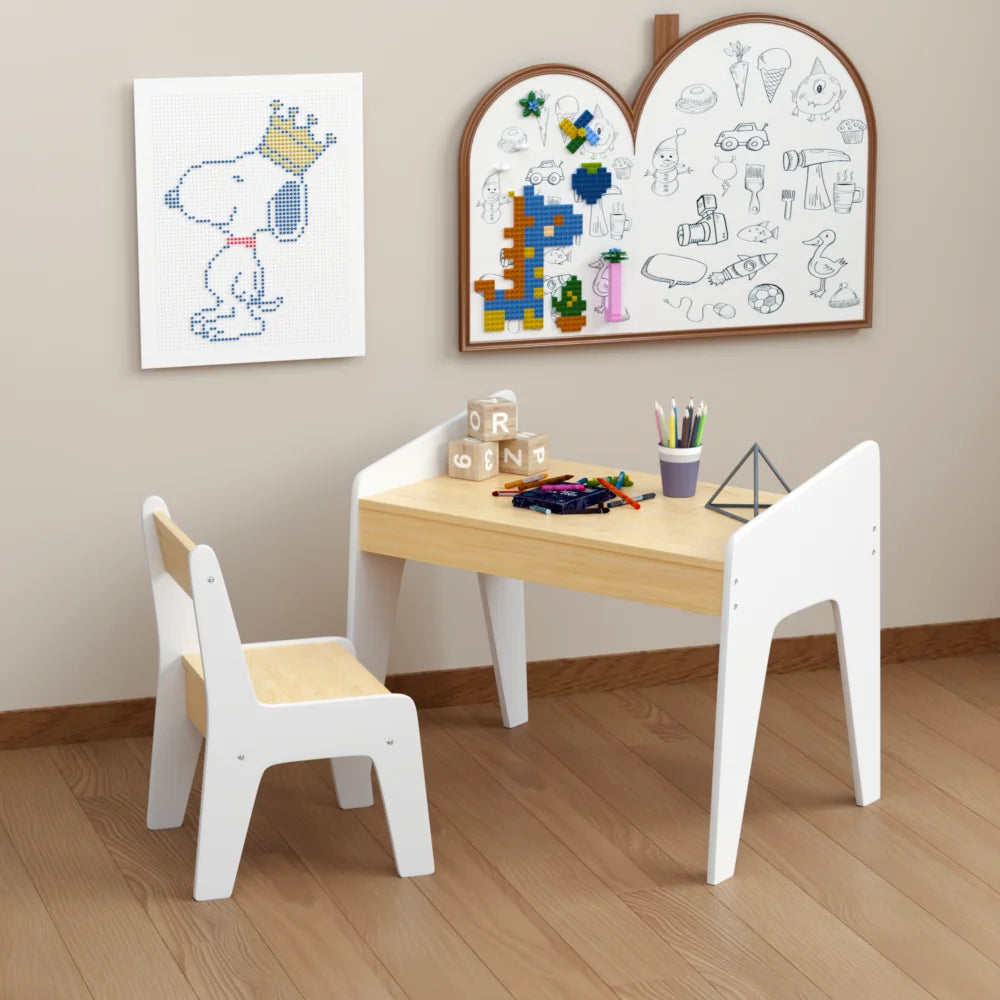 Kids Table Set with One Chair, Wooden Children Study Table, 2-8  Age Kids Funiture , White+Natural