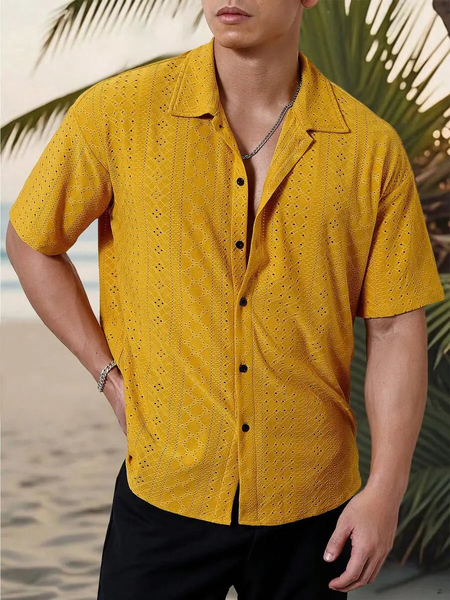 Men's Yellow Eyelet Lacework Short Sleeve Button-Down Casual Shirt