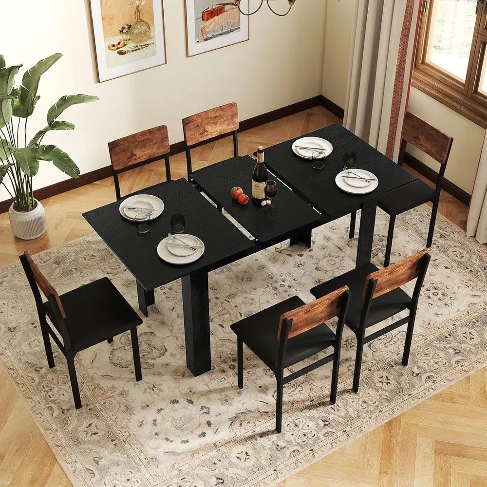 47-62 Inch Extendable Dining Table with L-Shaped Legs for Kitchen & Dining Rooms - Black