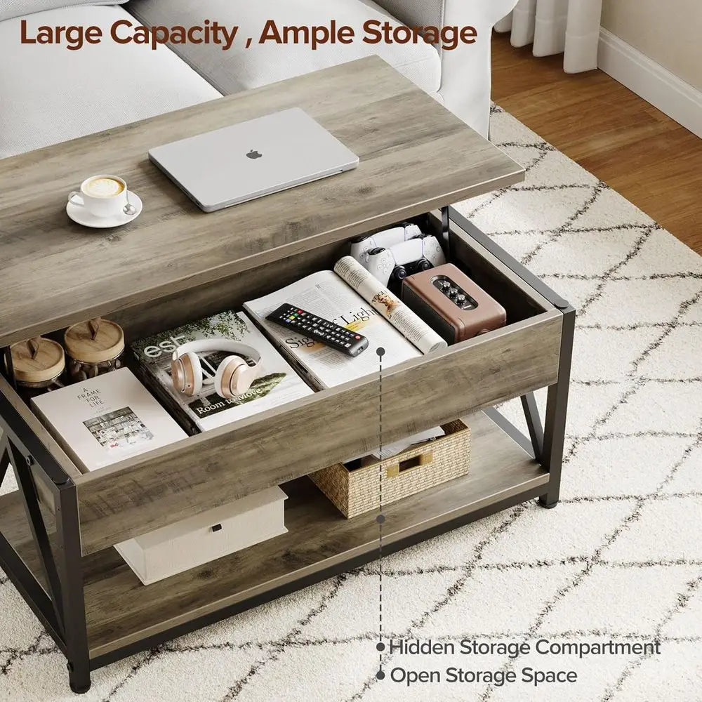 Grey Storage Coffee Table with Lift Top and Large Hidden Compartment for Living Room