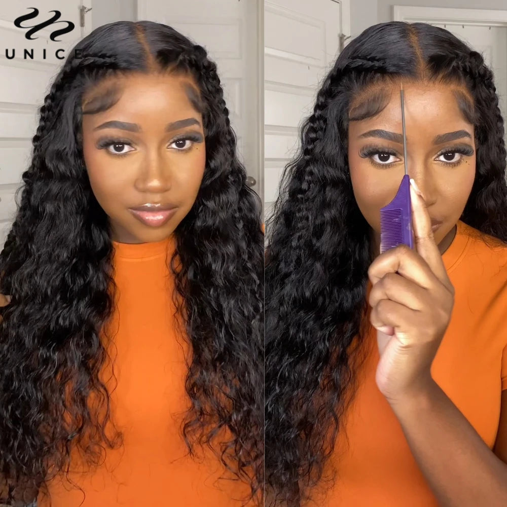 Unice Hair Drawstring Cap 7x5 & 13x4 Water Wave Human Hair Wig With Baby Hair Pre Cut Pre Bleached Pre Plucked Glueless Wigs