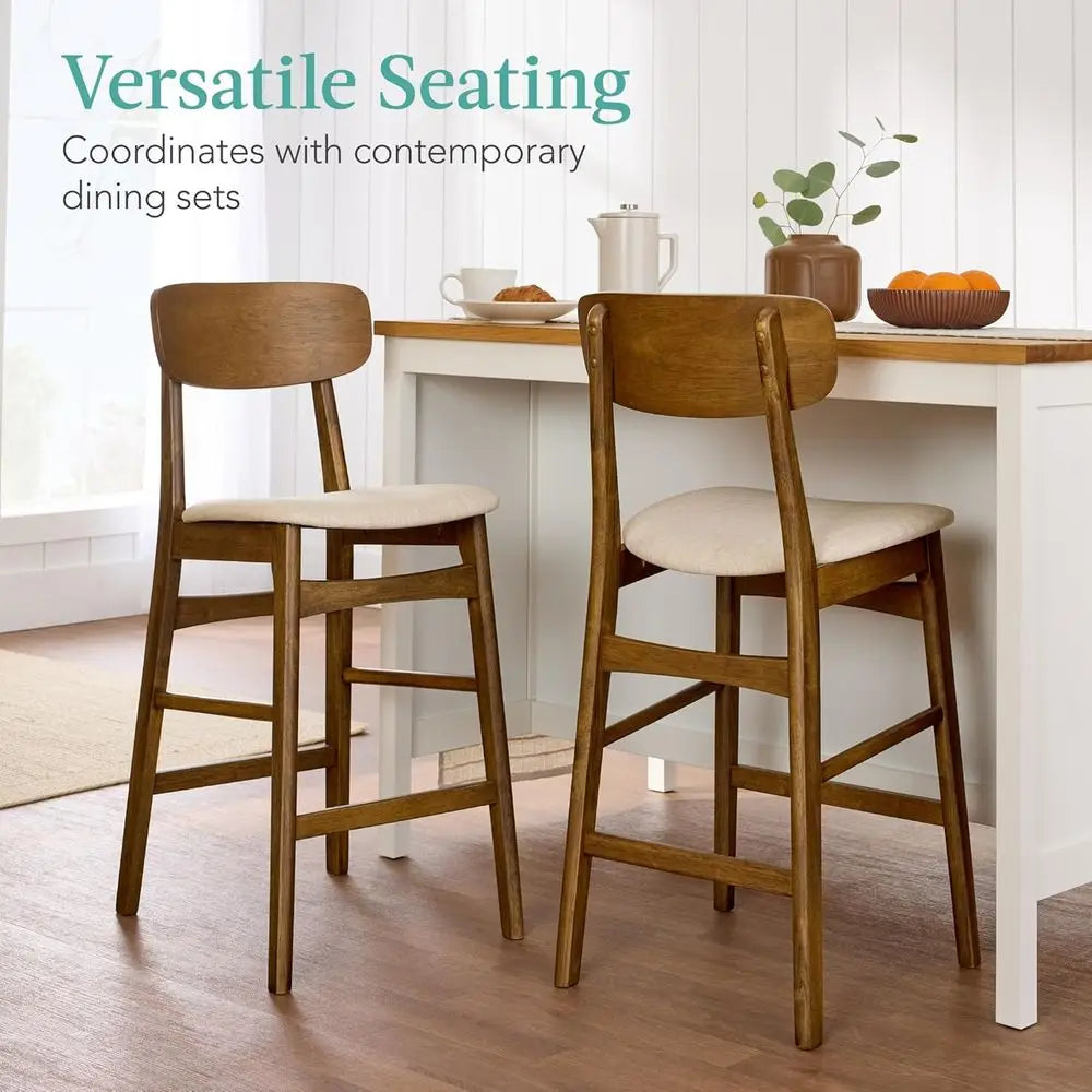 Upholstered Counter Height Stool Set of 2 with Wooden Curved Backrest, Walnut and Cream