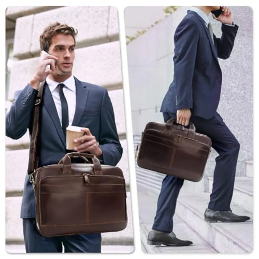 Full Grain Leather Briefcase for Men Business Messenger Bag Laptop Case Fits 15.6 Inch Laptop Brown Premium Quality Durable Des