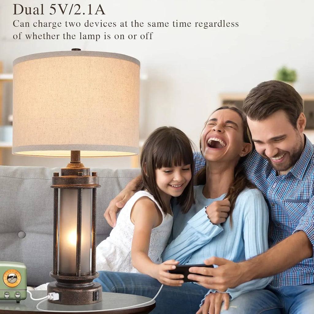 Rustic Farmhouse Table Lamp Set with USB Ports, Night Light, and 4 Bulbs Included