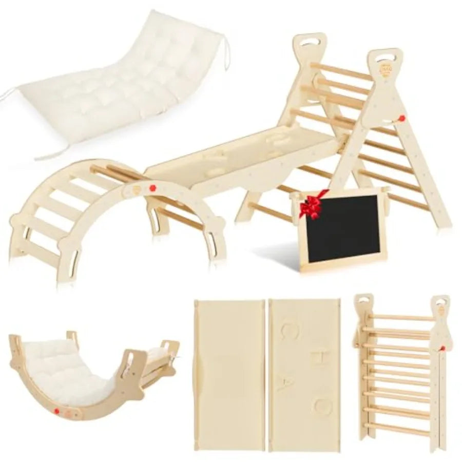 Pikler Triangle Set 8-in-1 Foldable Montessori Wooden Climbing Toys for Toddlers 1-5 Years Indoor Jungle Gym with Slide