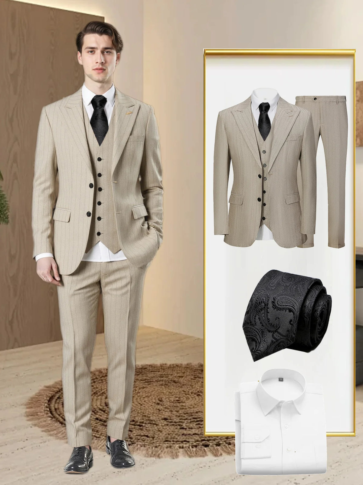 Men's 5-piece vertical striped suit+double button jacket+pants+white shirt+black tie, suitable for wedding/business/daily wear