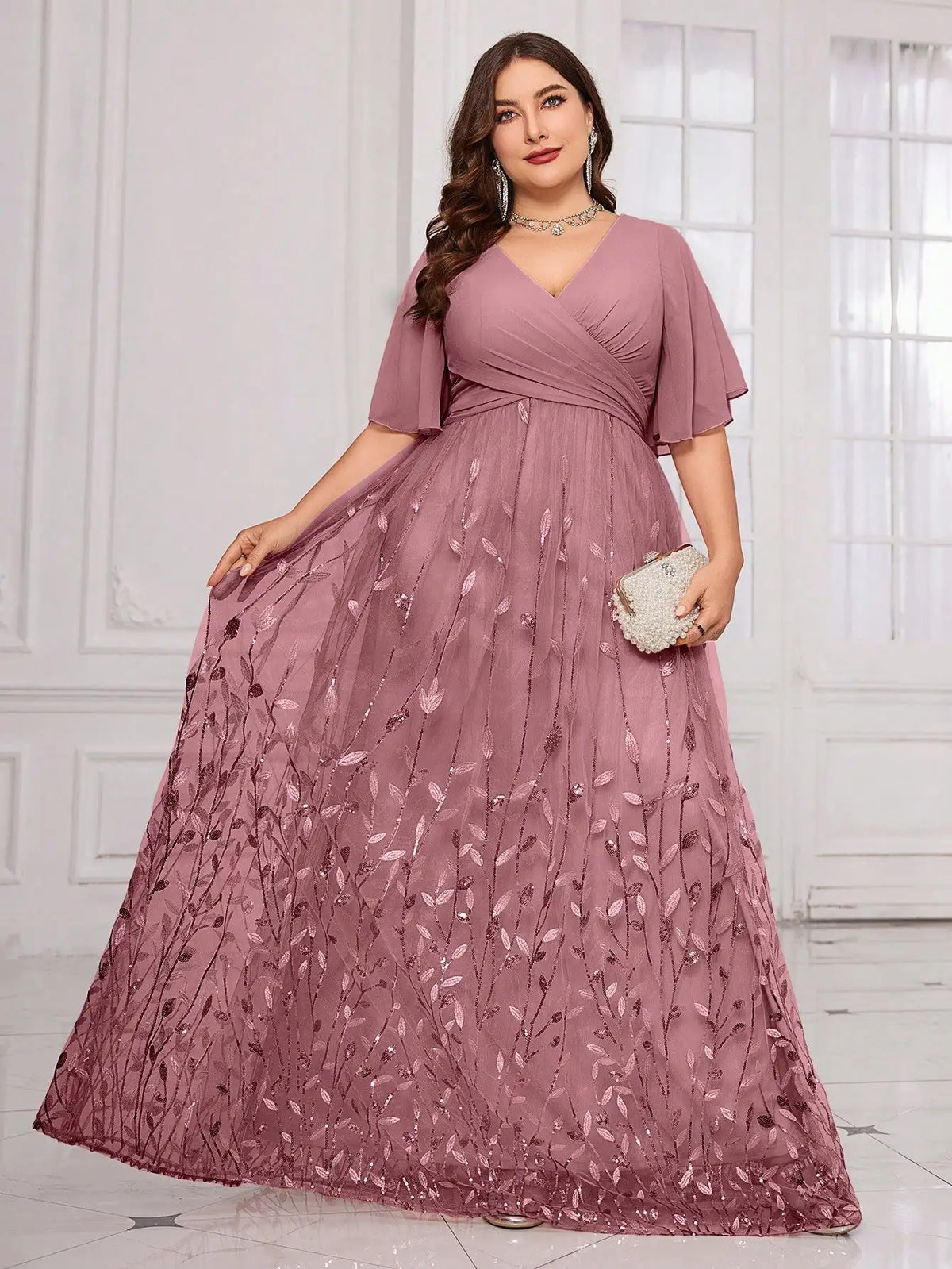 Plus Size V-Neck Flounce Sleeve Leaf Mesh Embroidered Formal Evening Gown