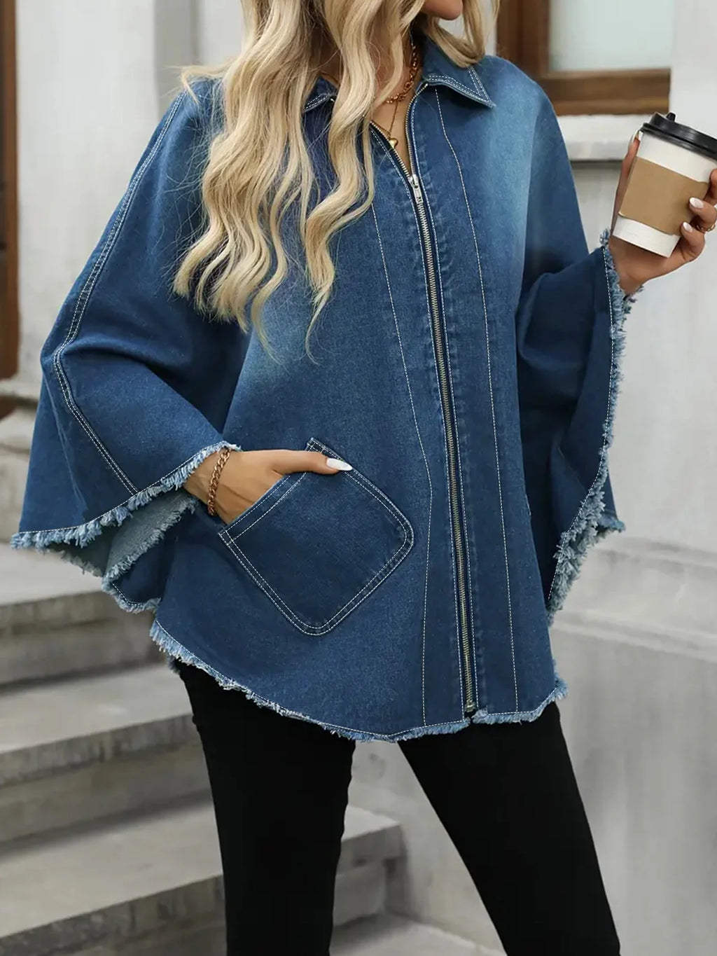 Plus Size Women's Denim Jacket Loose Fit with Frayed Hem And Cloak Design Casual Comfortable plus Size Women's Jeans Jacket