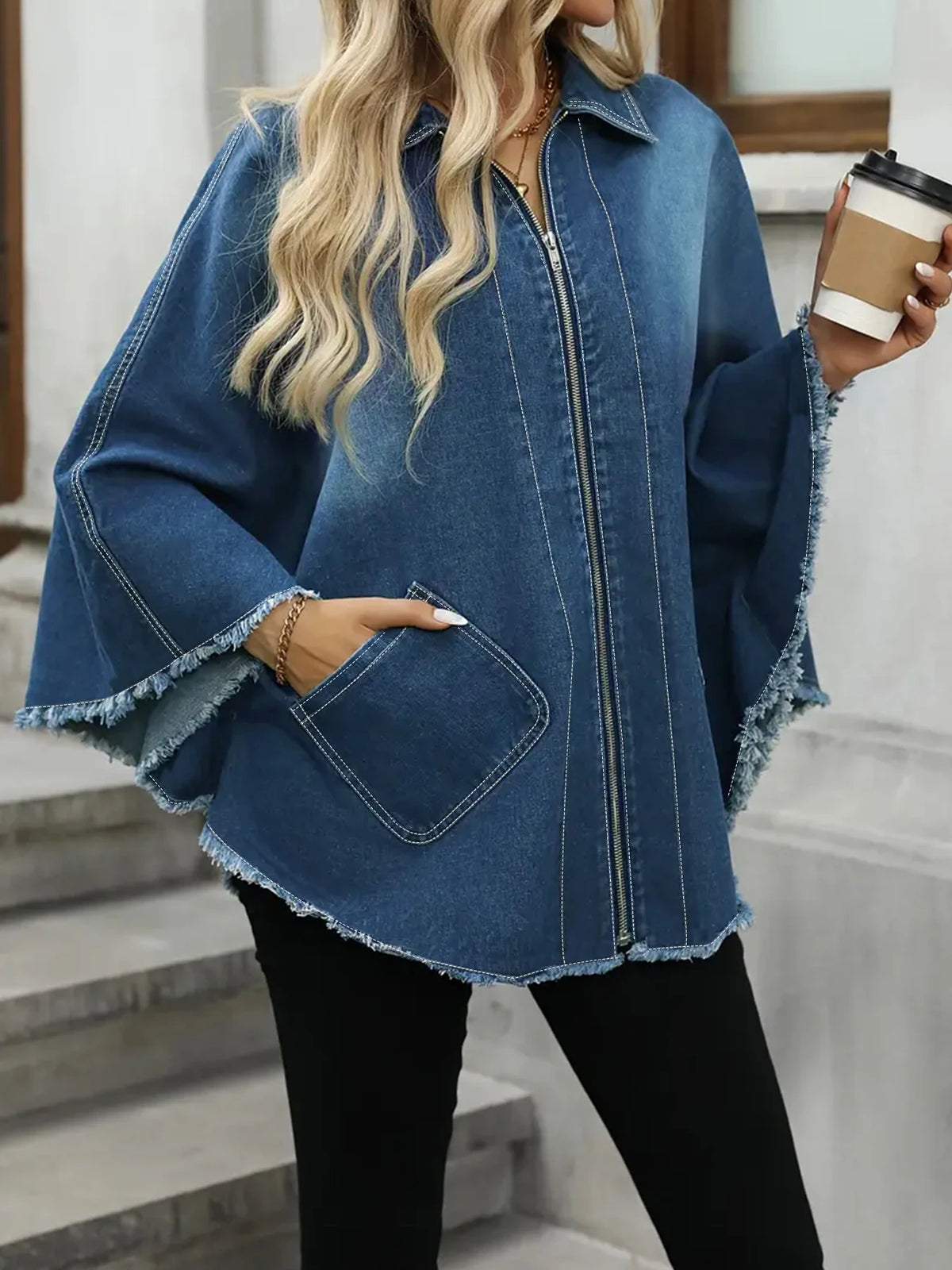 Plus Size Women's Denim Jacket Loose Fit with Frayed Hem And Cloak Design Casual Comfortable plus Size Women's Jeans Jacket