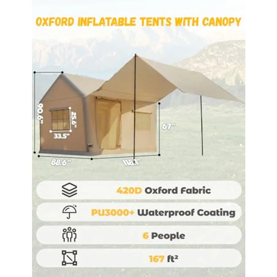 Luxury Glamping Inflatable Tent House for 6-8 Person 118x158 XL Awning 6.3 Extra Thick Air Beams Stronger Than 5 Heavy Duty Wat