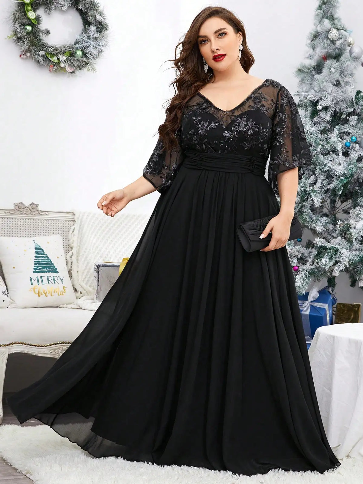 Plus Size Women V-Neck Sequin Embroidery Sheer Flare Sleeve Chiffon Maxi Dress Formal Evening Party Gown