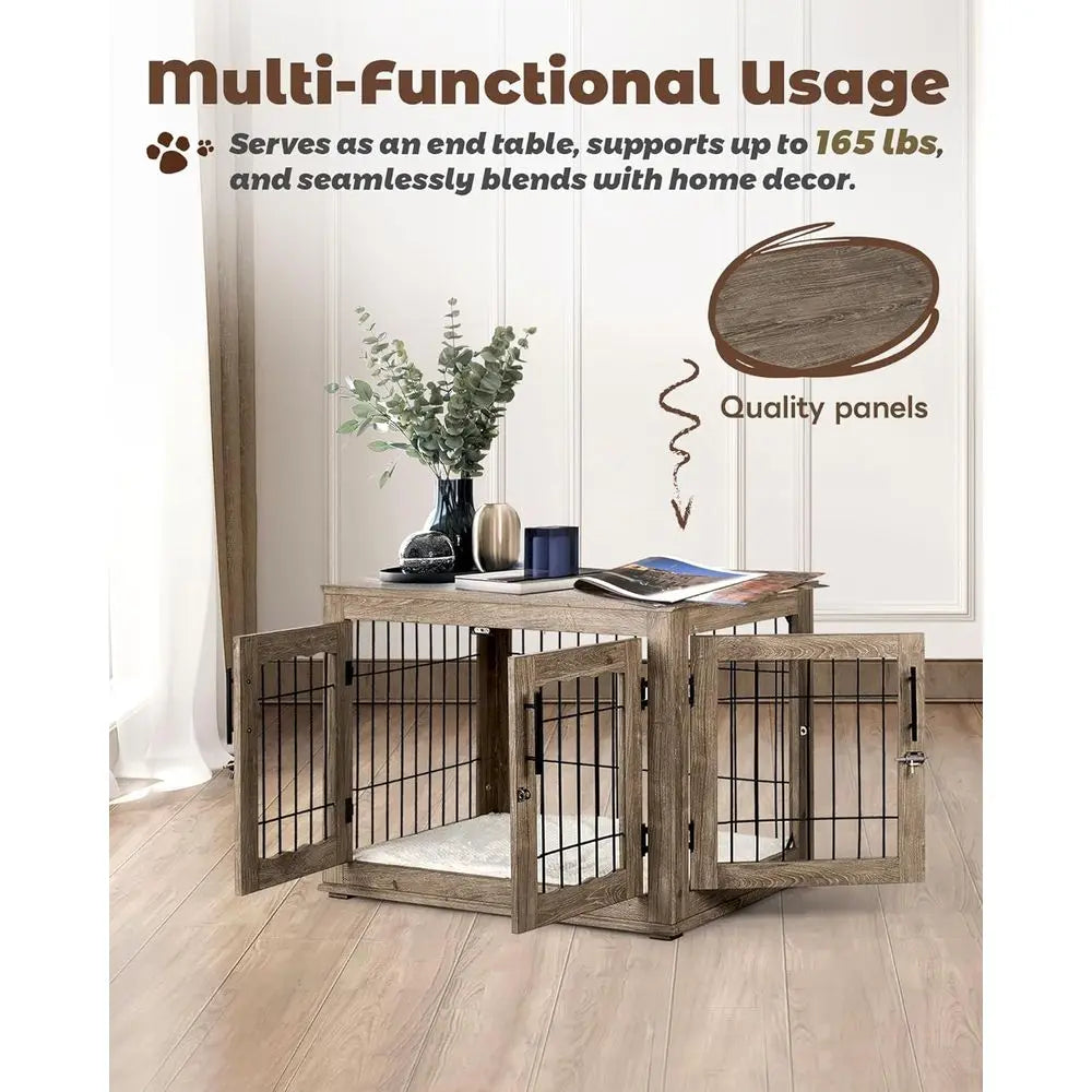 Wooden Medium Dog Crate with Bed, 3-Door Side Table Kennel, Greige