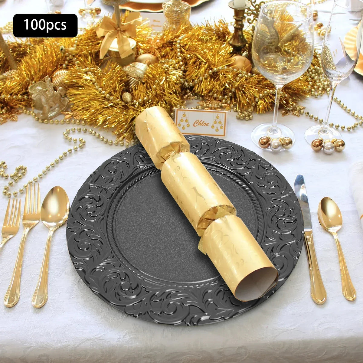 100 PCS Black Charger Plates Set Elegant Wedding Party Decor12.99 Inch Reusable Plastic Serving Trays for Table Setting Birthday