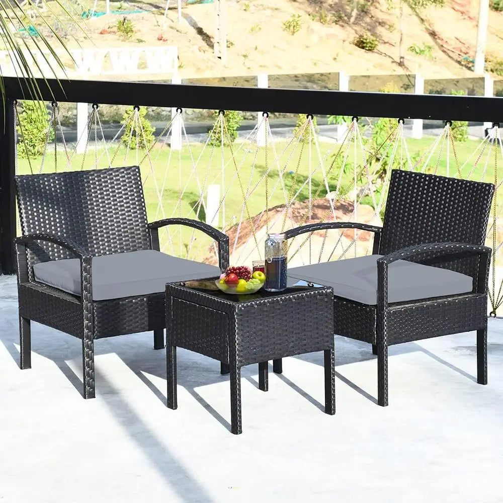 Grey Outdoor Patio Furniture Set: 3-Piece Rattan Sectional with 2 Chairs & Coffee Table for Garden, Balcony, Backyard, Poolside