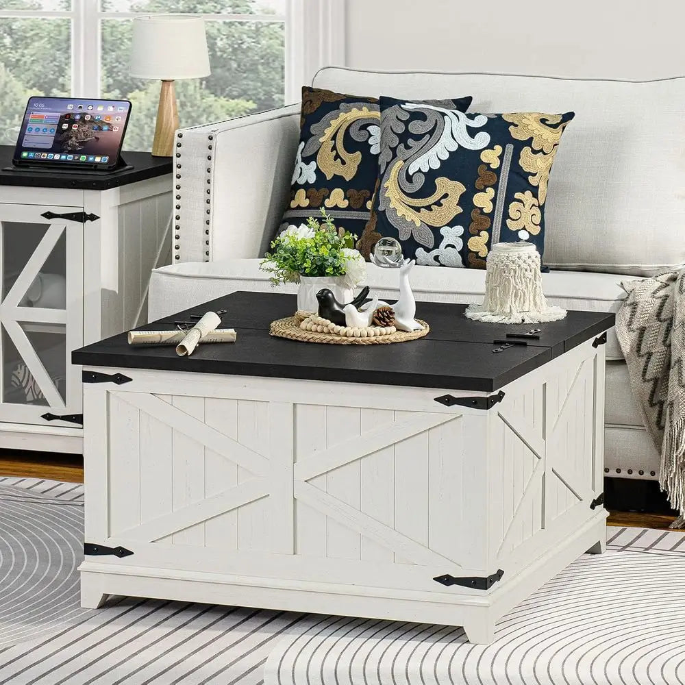 armhouse Coee Table Sets 3 Pieces, Large End Side Tables with Charging Station and Coee Table with Hidden Storage Comparent, Whi