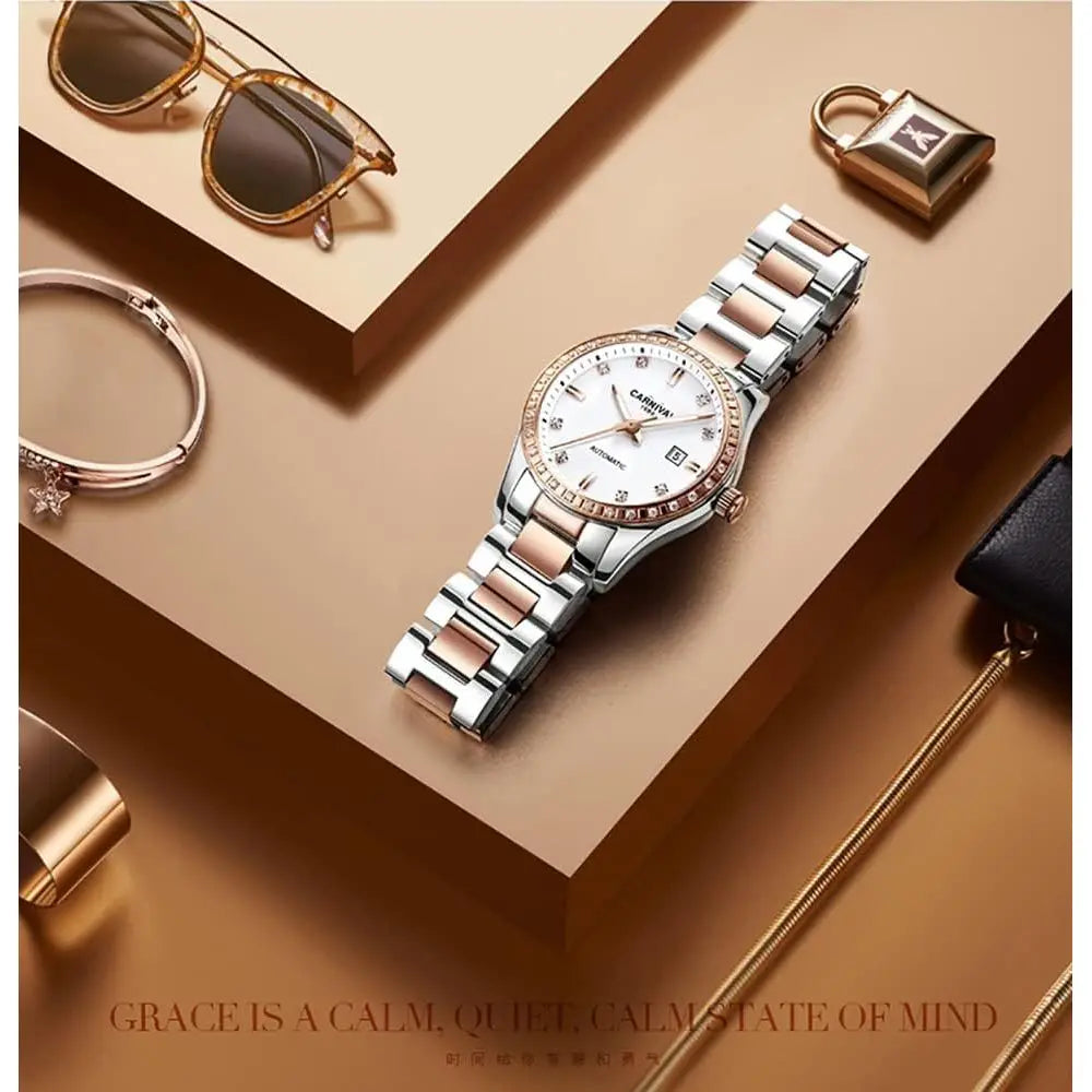 Women's Diamond Automatic Mechanical Rose Gold StainlSteel Sapphire Waterproo Lady's Elegant Blue Watch