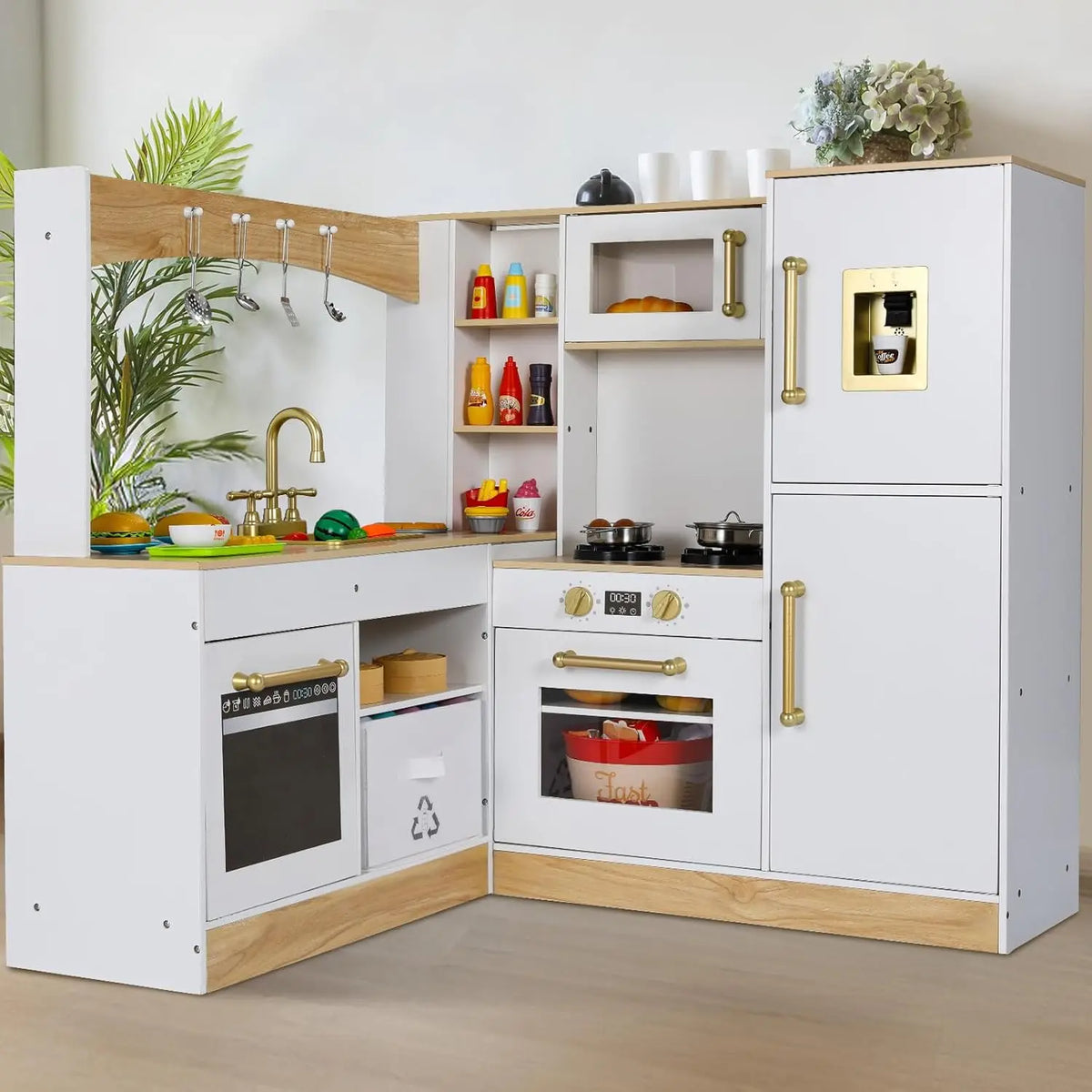 Corner Play Kitchen for Kids, Wooden Pretend Toy Kitchen, Large Toodler Cooking Playset w/Refrigerator, Stove w/Light & Sound, D
