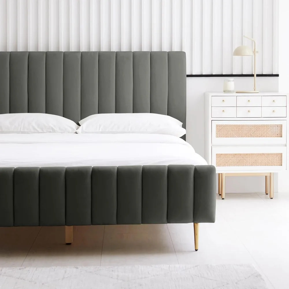 King Size Elton Velvet Platform Bed, Upholstered Bed Frame with Vertical Channel Tufted Headboard Footboard, Customized