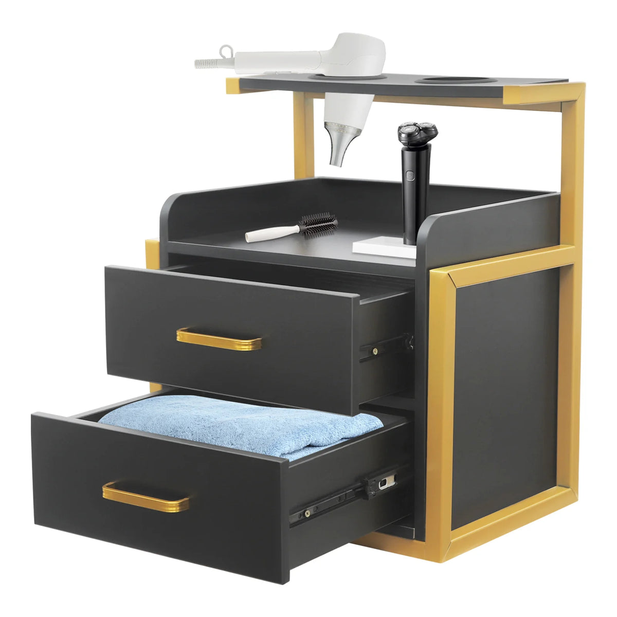 Barber Tool Storage Cabinet, Salon Wall Cabinet Wall Mounted, 2 Drawers Hair Salon Organizer Gold Black, High Capacity 110lbs