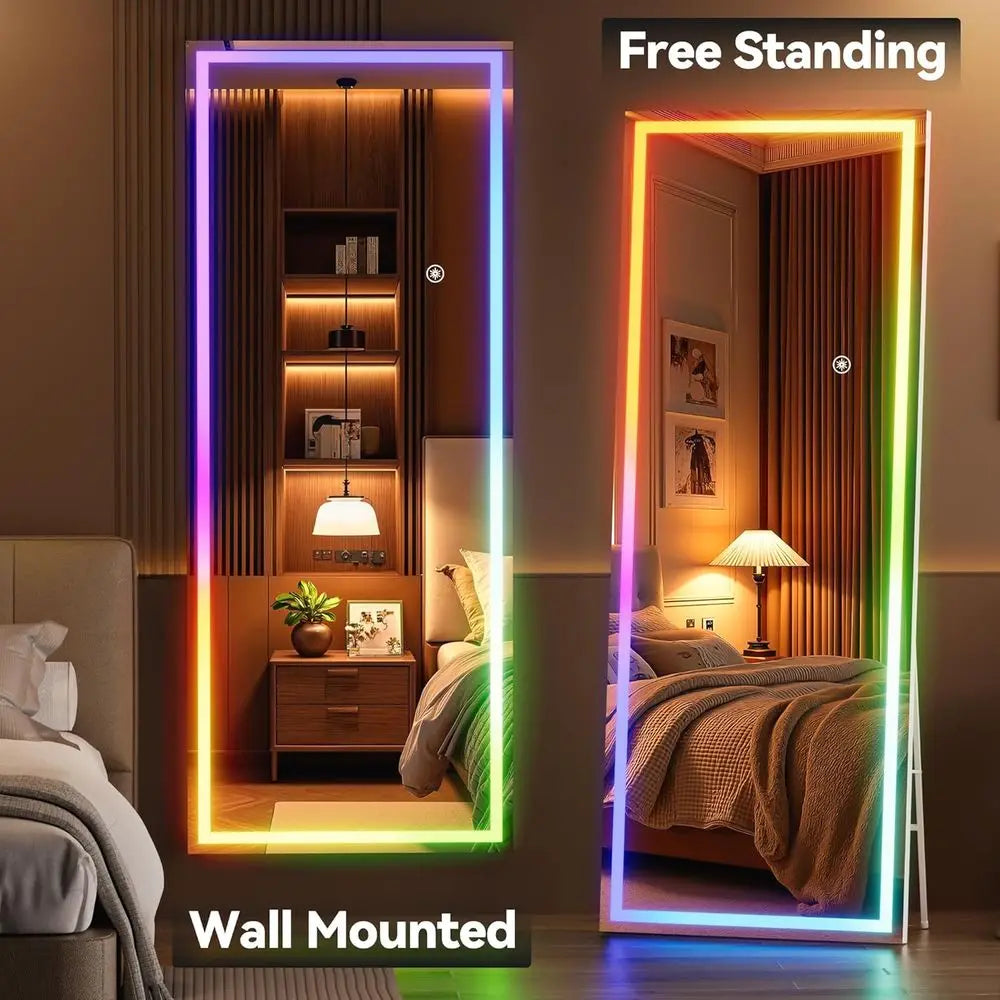 56"x16" LED RGB Bluetooth ull Length Mirror with Lights, ull Body Mirror with Stand, Wall Mount & ree Standing loor Mirror or Be