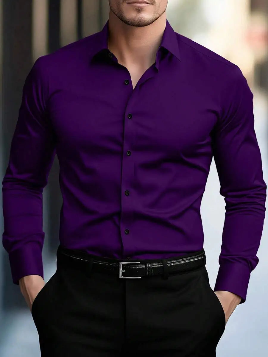 Men's Solid Cream Slim Fit Long Sleeve Button-Down Shirt for Business Casual Wear
