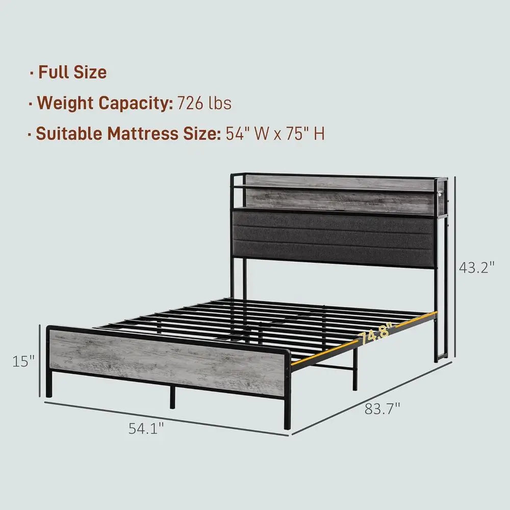 Full Size Bed with Storage, Upholstered Platform, LED Lights, Charging Station, Steel Slats, Noise-Free, Easy Assembly, No Box S