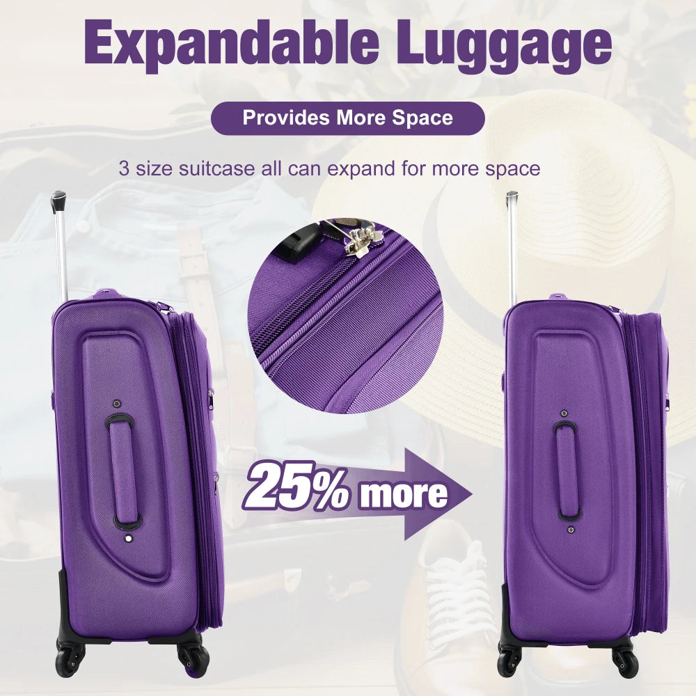 Lightweight Softside Expandable 3pcs Luggage Set 22/26/30 Inch with Duffel Bag Softshell Upright Travel Luggage Spinner Wheels