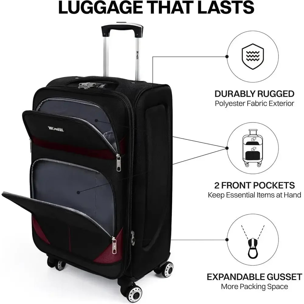 Expandable Large Luggage Set with Front Open Pocket, Lightweight & Durable, Double Spinner Wheels, Lockable (Black, 20in/24in/28