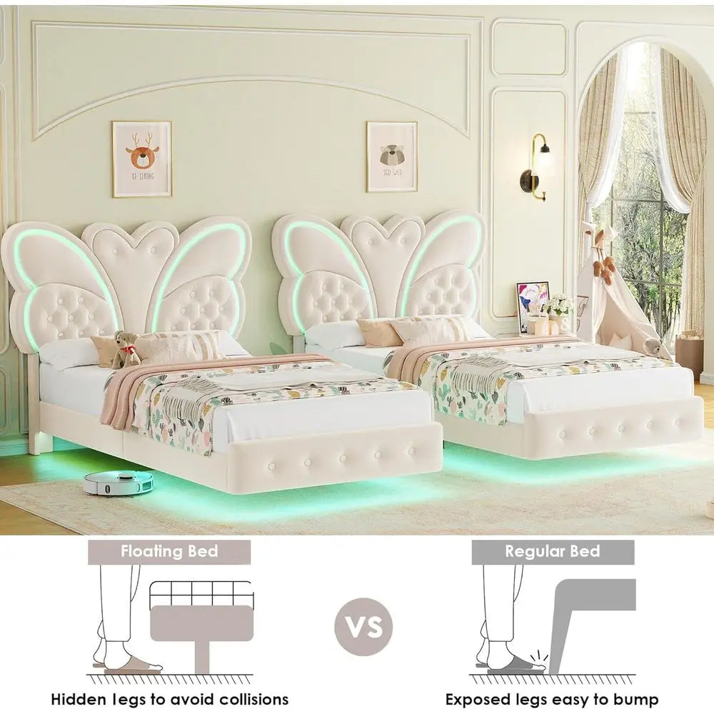 Modern Butterfly Upholstered Twin Bed Frame with LED Lights, Button Tufted Headboard, Footboard, Slats Support, No Box Spring Ne