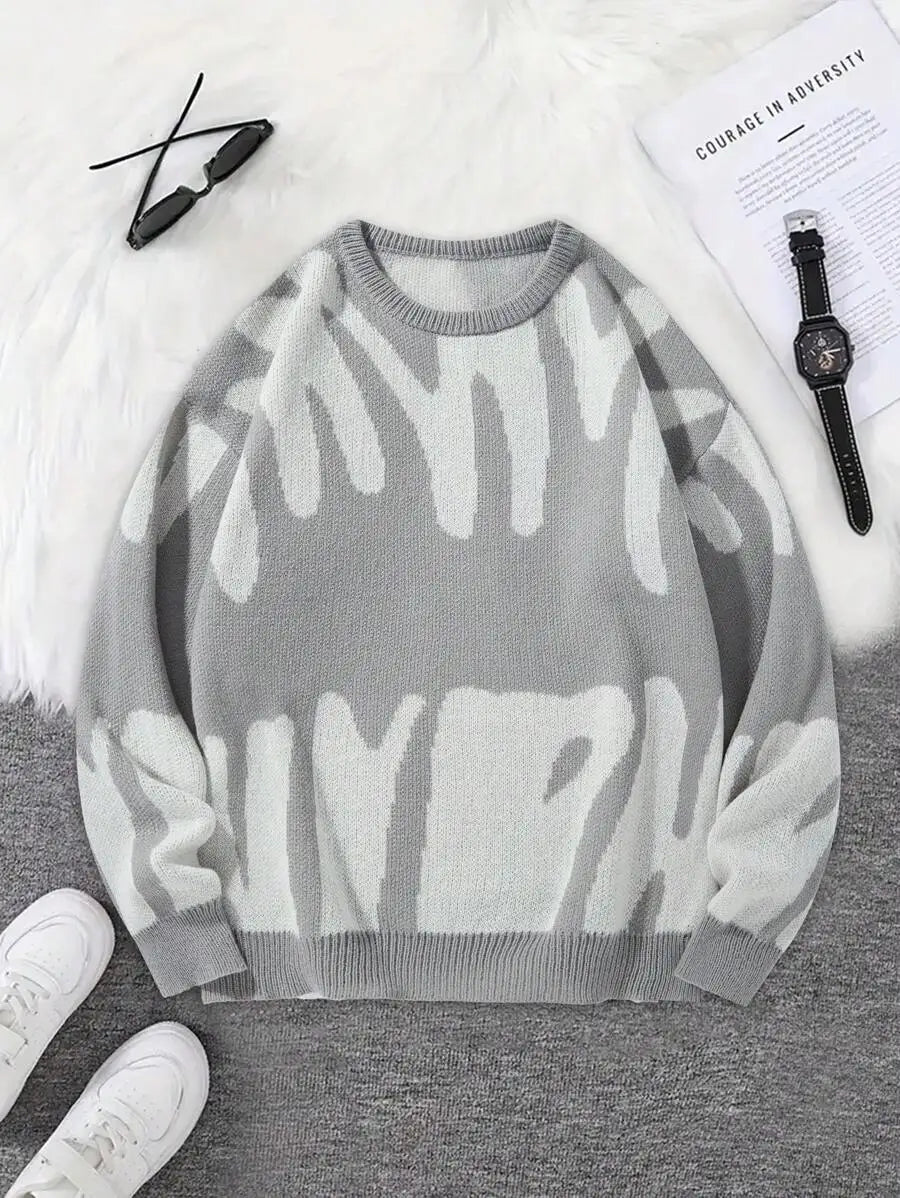 Men's Oversized Graphic Knit Sweater with Bold Black Pattern, Fall Winter Casual Wear