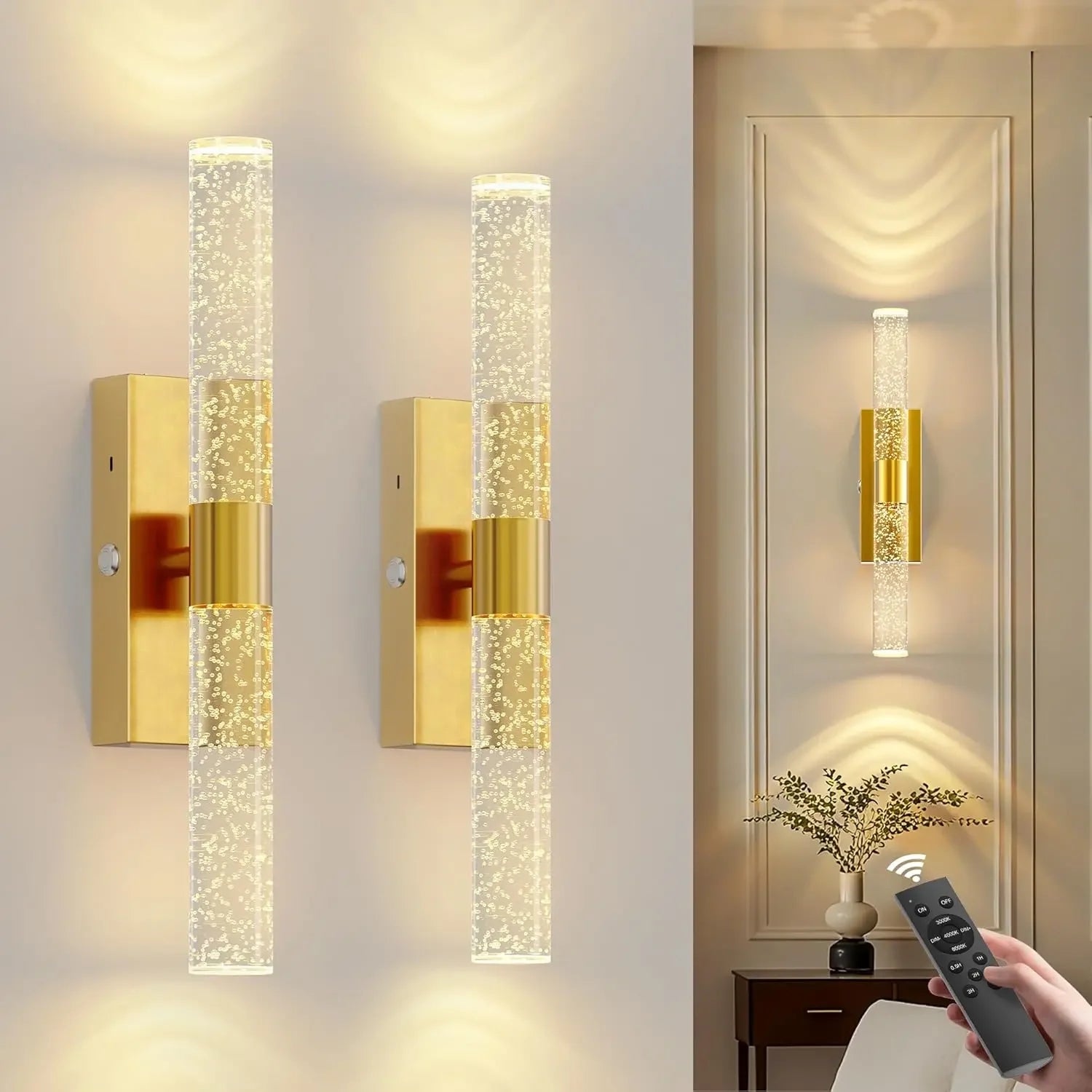 20000mAh Battery Operated Wall Sconces: 17 Inch Rechargeable Wall Lights Set of 2 with Arylic Shade - 3000K-6000K Dimmable Wirel