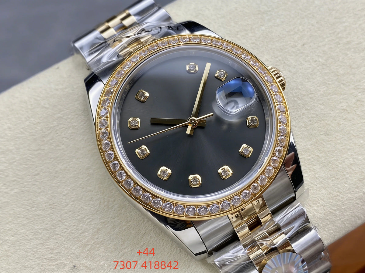 Customized luxury women's watch, featuring a 36mm dial, scratch-resistant sapphire crystal, stainless steel strap, and fully au
