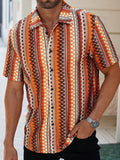 Men's Casual Short-Sleeve Shirt with Bohemian Geometric Stripe Pattern, Crochet-Knit Texture, Button-Front Design
