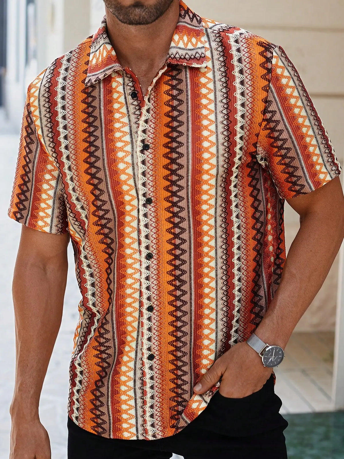 Men's Casual Short-Sleeve Shirt with Bohemian Geometric Stripe Pattern, Crochet-Knit Texture, Button-Front Design