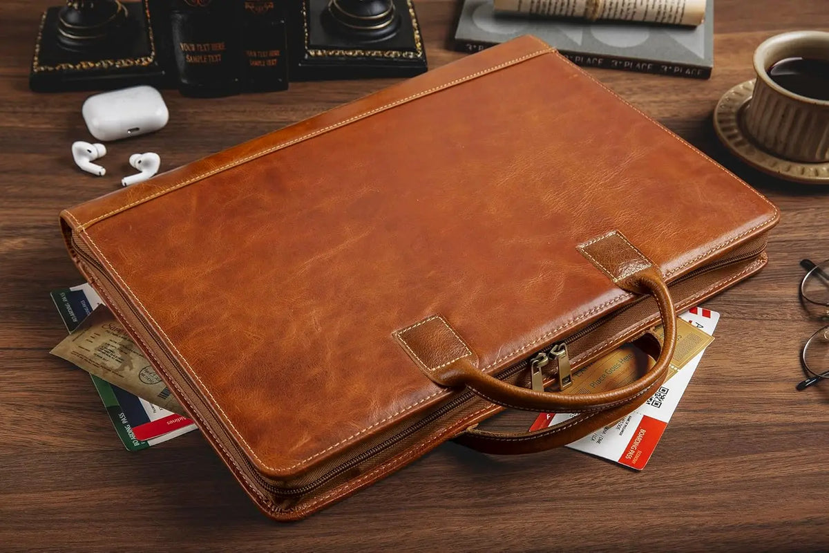 Oil Wax Leather Portfolio Organizer with Handle, Personalized Padfolio for Men Women, Fits 15-inch Laptop and Legal Pad